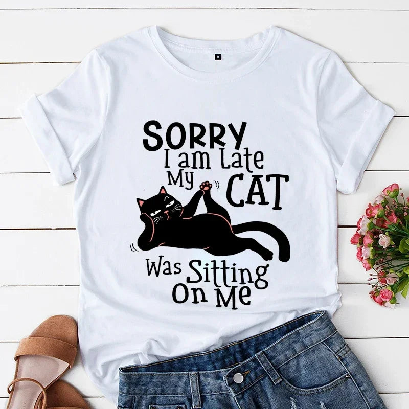 Kawaii Cartoon Cat Lover Printed T Shirt Women Fashion T Shirt Sorry I